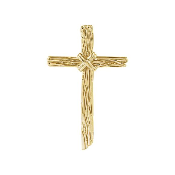 14k Yellow Gold Woodgrain Rope Cross Pendant 32 x 51mm